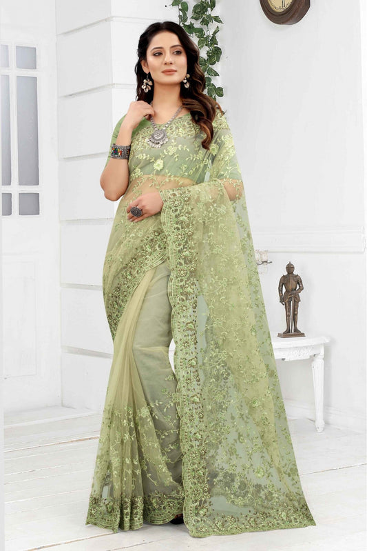 Green Colour Net Embroidery Saree