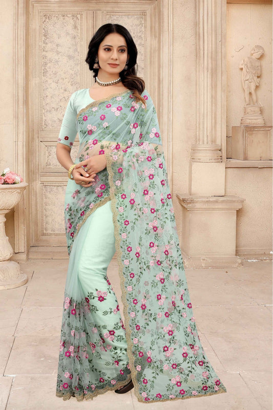 Green Colour Net Embroidery Saree