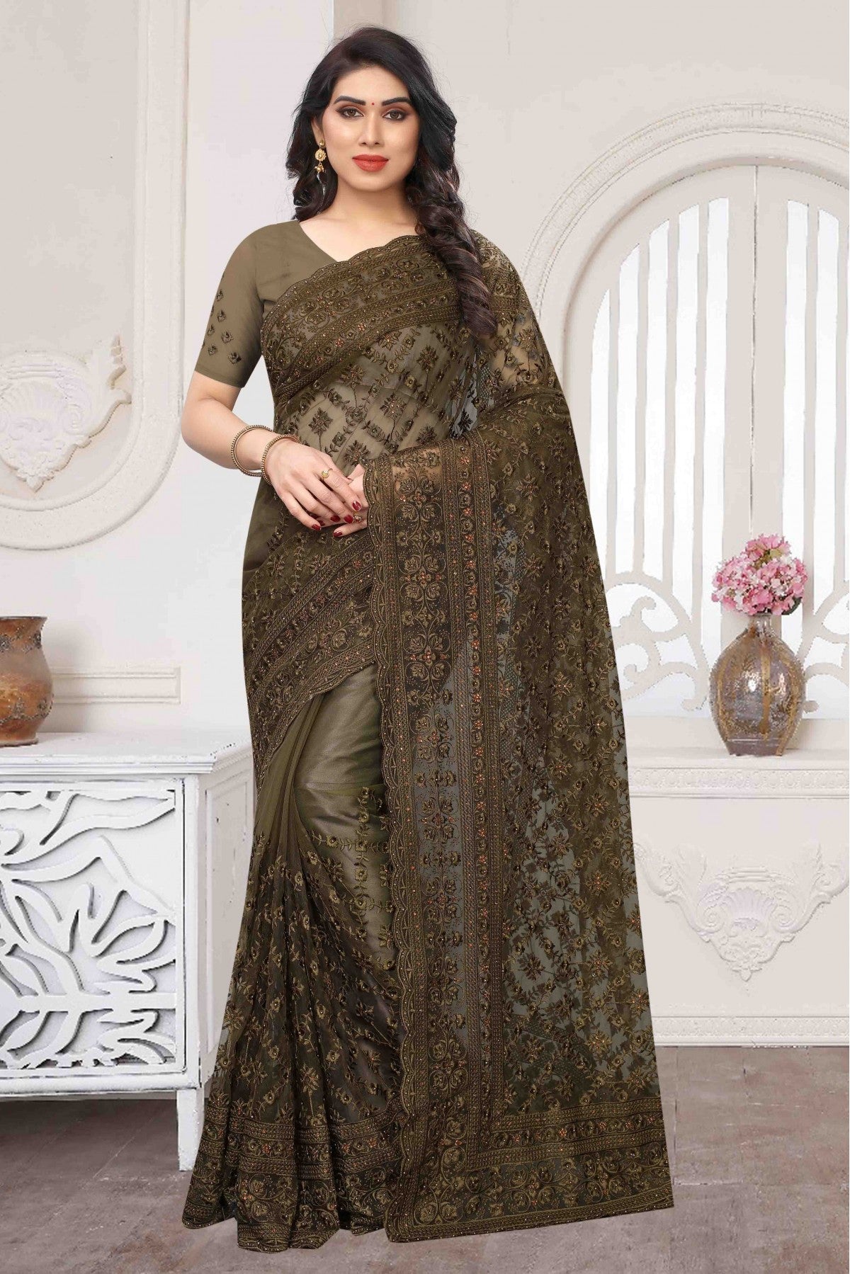 Green Colour Net Embroidery Saree