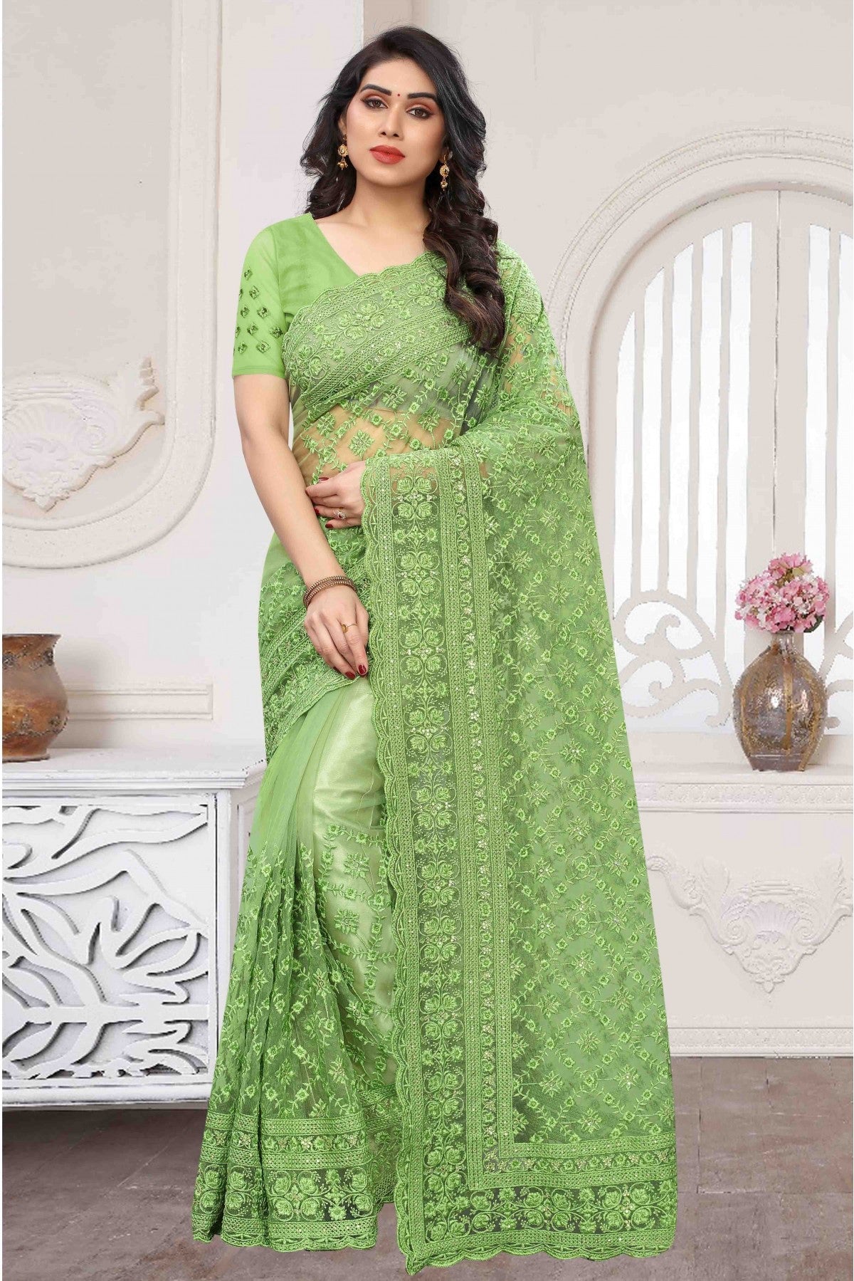 Green Colour Net Embroidery Saree