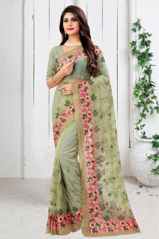 Green Colour Net Embroidery Saree