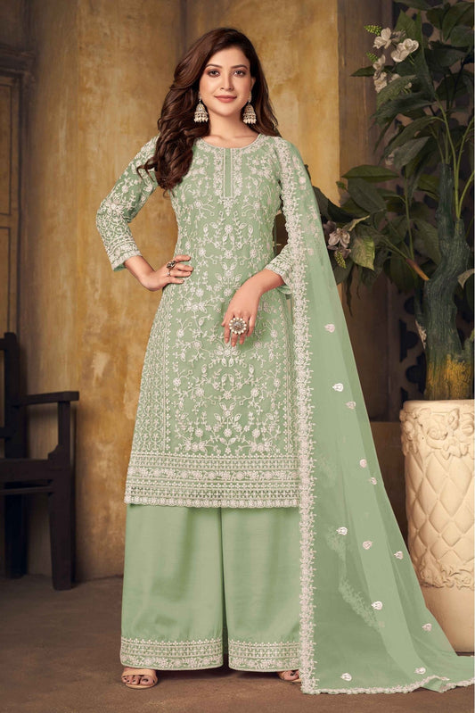 Green Colour Net Palazzo Pant Suit