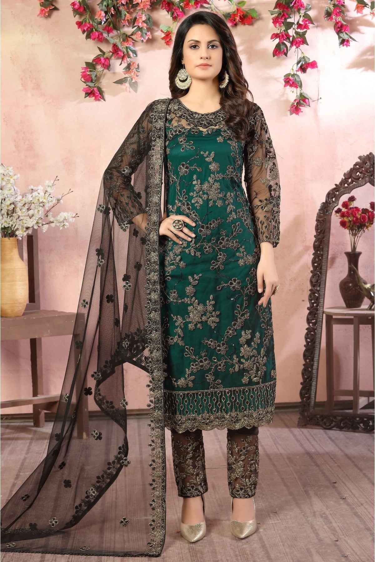 Green Colour Net Pant Style Suit