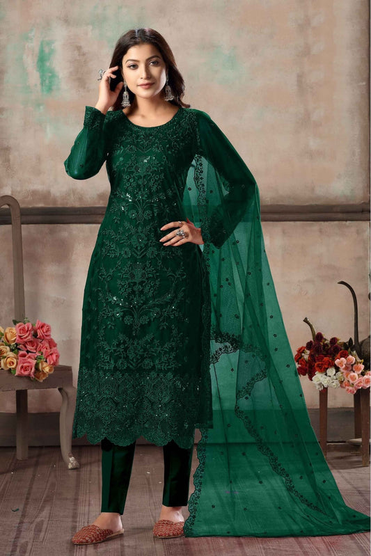 Green Colour Net Pant Style Suit