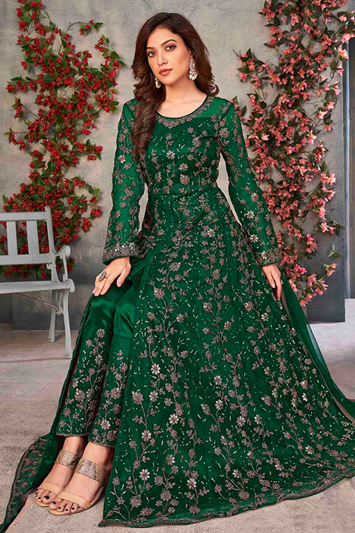 Green Colour Net Semi Stitched Pant Style Suit