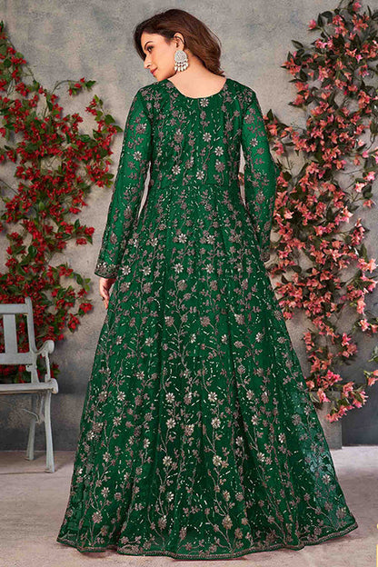 Green Colour Net Semi Stitched Pant Style Suit