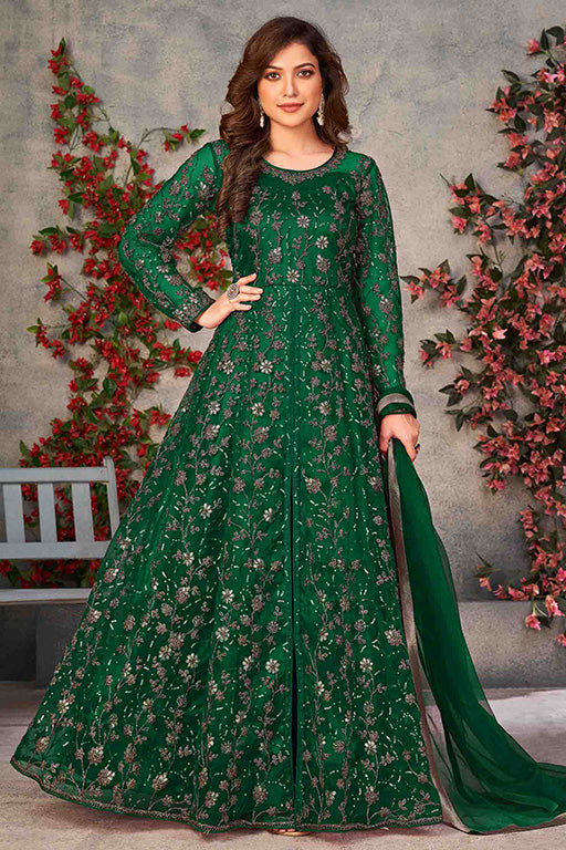 Green Colour Net Semi Stitched Pant Style Suit