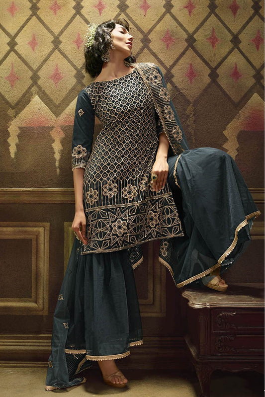 Green Colour Net Sequins Work Sharara Suit