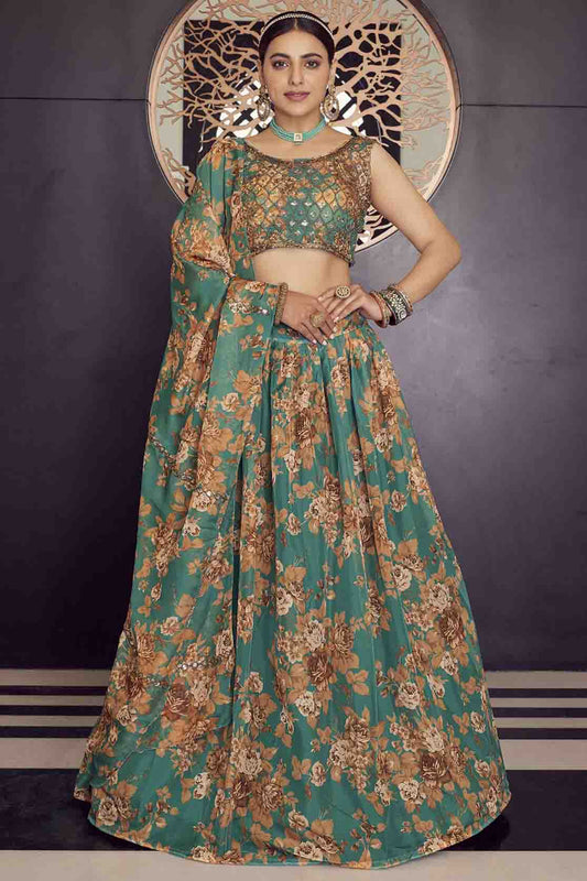 Green Colour Organza Printed Lehenga Choli