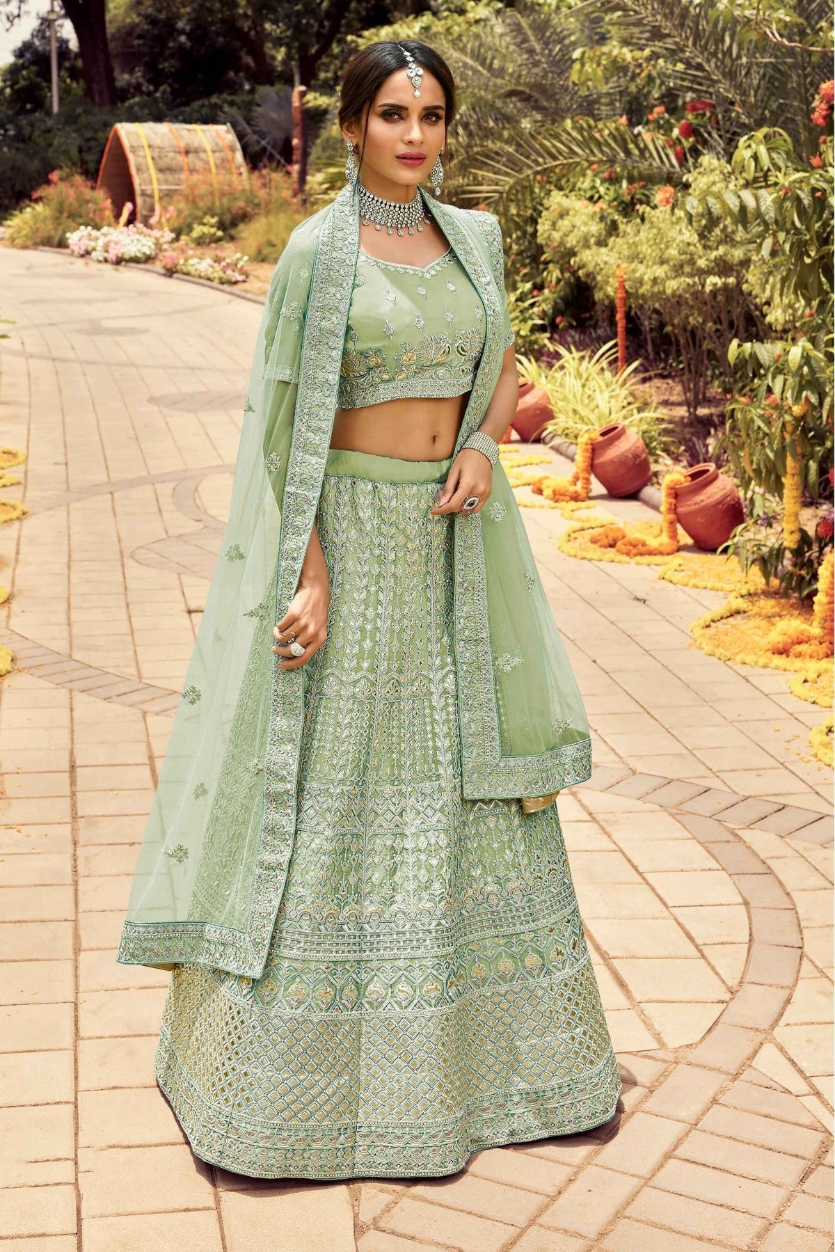 Green Colour Organza Resham Work Lehenga Choli