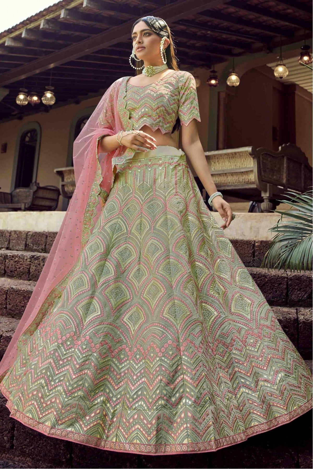 Green Colour Organza Resham Work Lehenga Choli