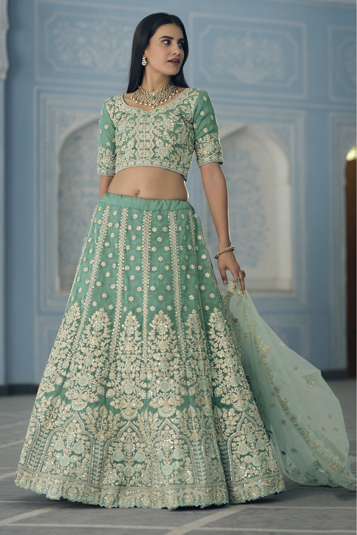 Green Colour Organza Sequins Work Lehenga Choli