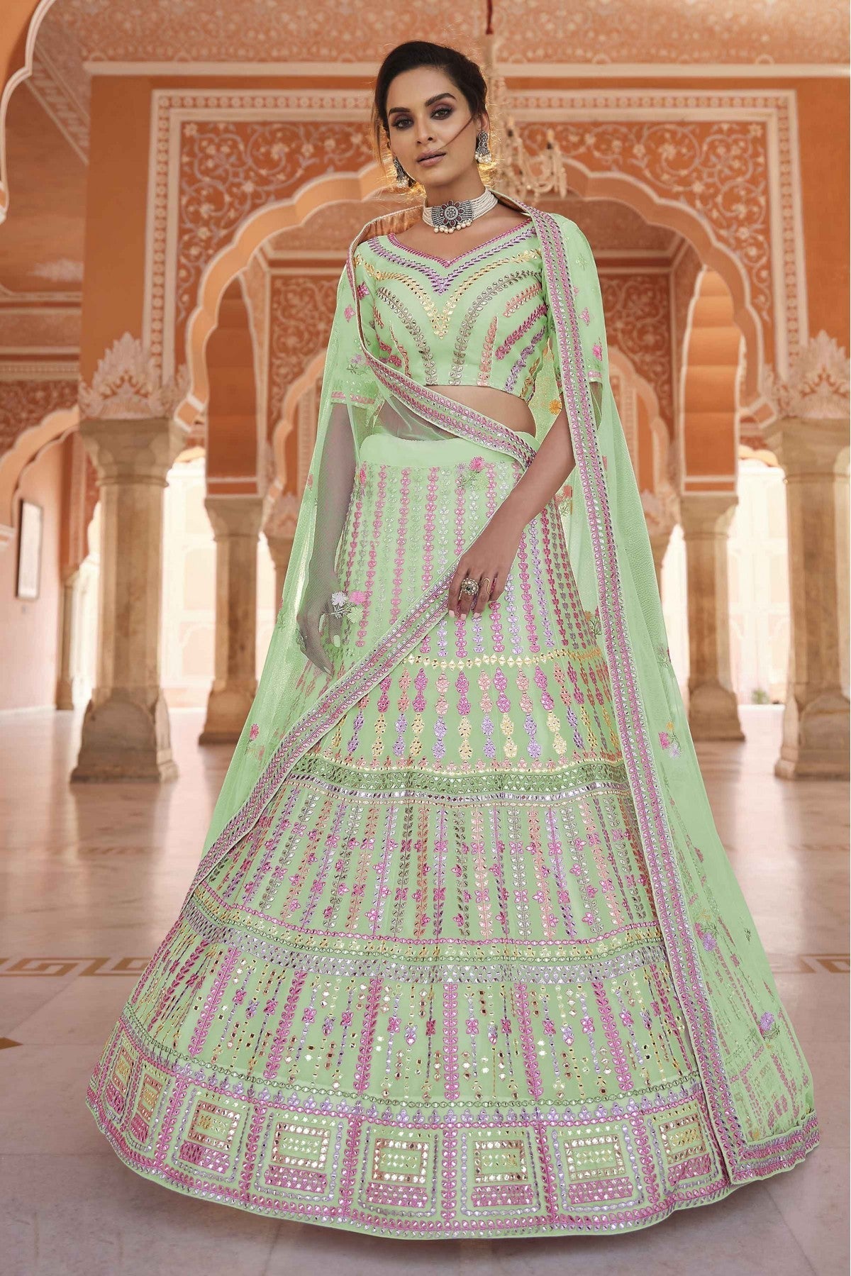 Green Colour Organza Thread Work Lehenga Choli