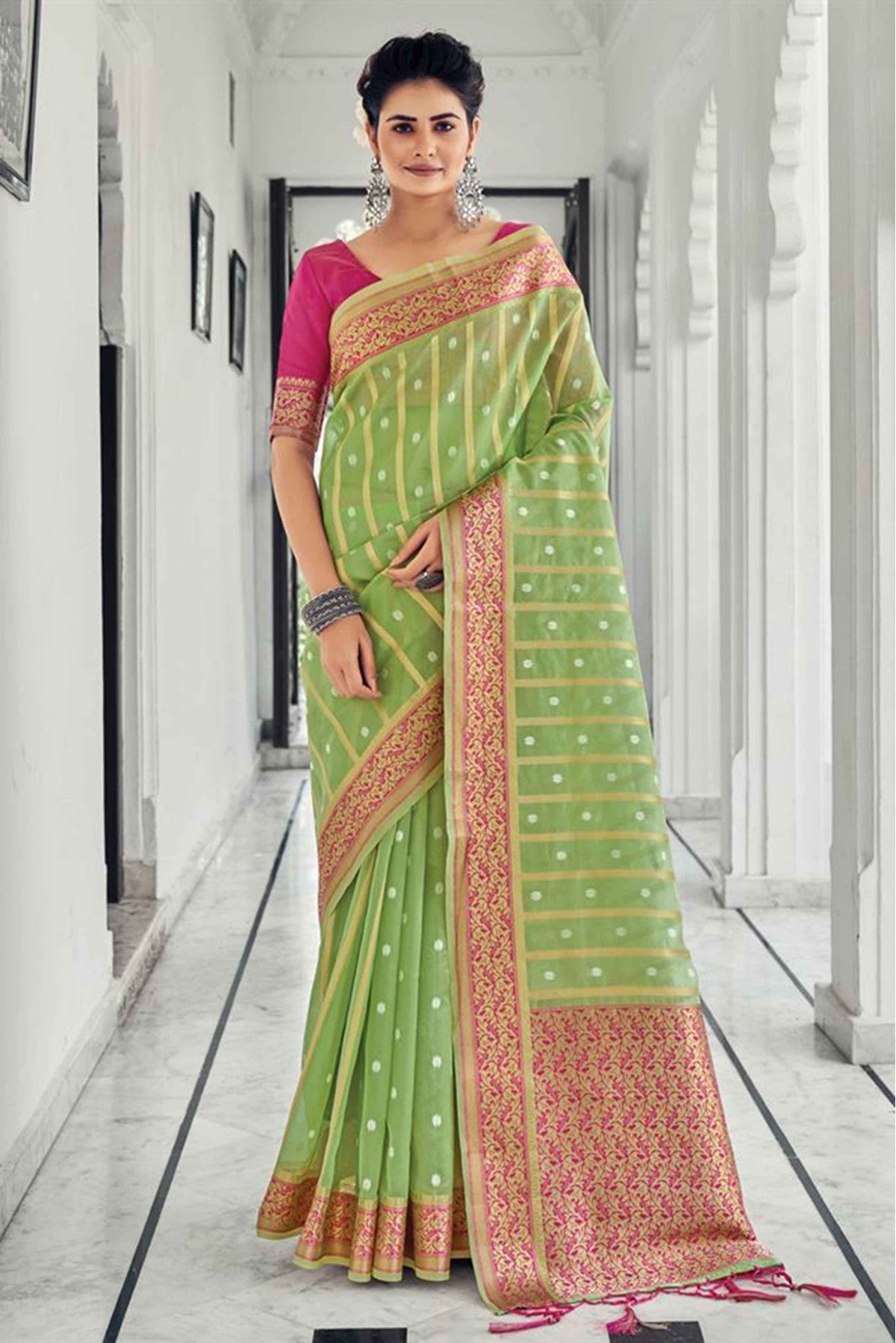 Green Colour Organza Woven Saree