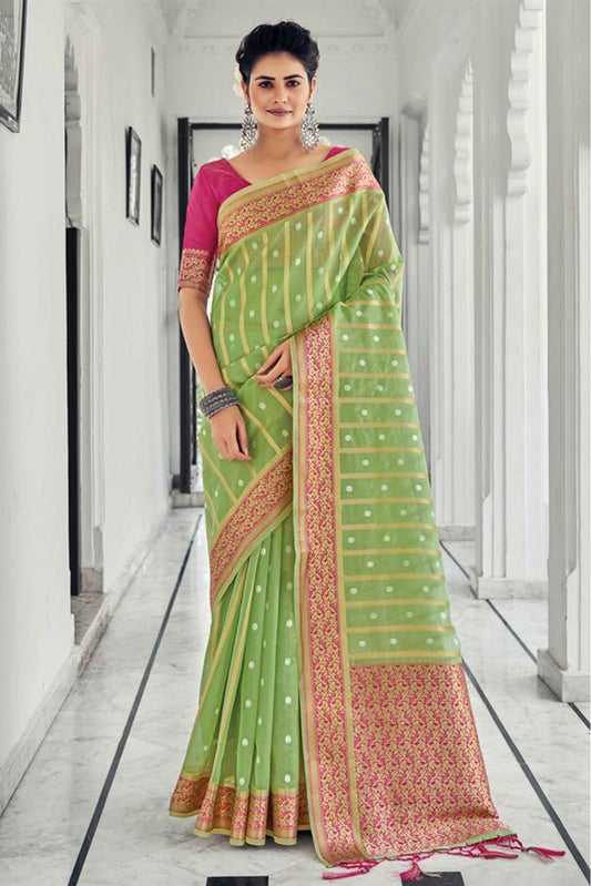 Green Colour Organza Woven Saree