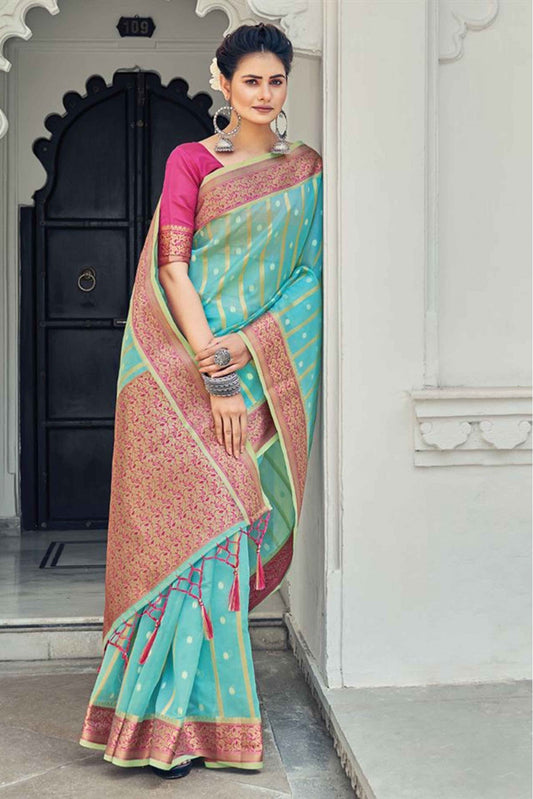 Green Colour Organza Woven Saree