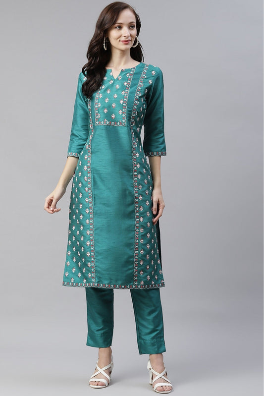 Green Colour Plus Size Poly Silk Foil Print Kurti With Pant Set