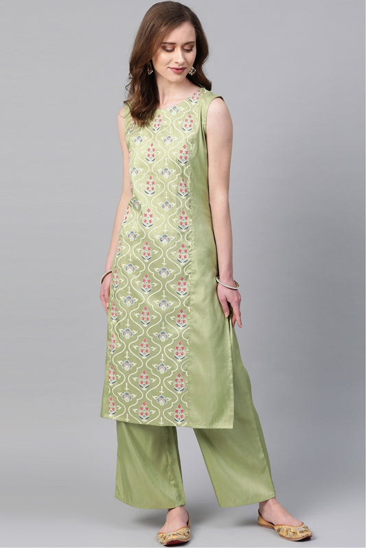 Green Colour Plus Size Poly Silk Straight Kurti