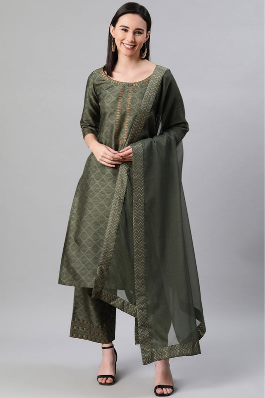 Green Colour Plus Size Polyester Foil Print Kurti Palazzo And Dupatta Set