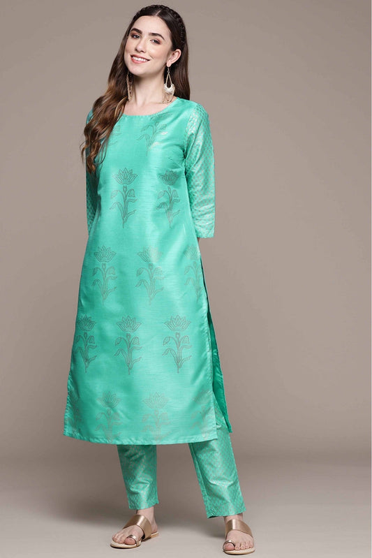 Green Colour Poly Silk Foil Print Kurta With Pant