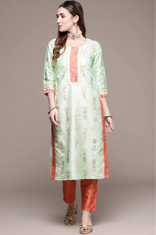 Green Colour Poly Silk Foil Print Kurta With Pant