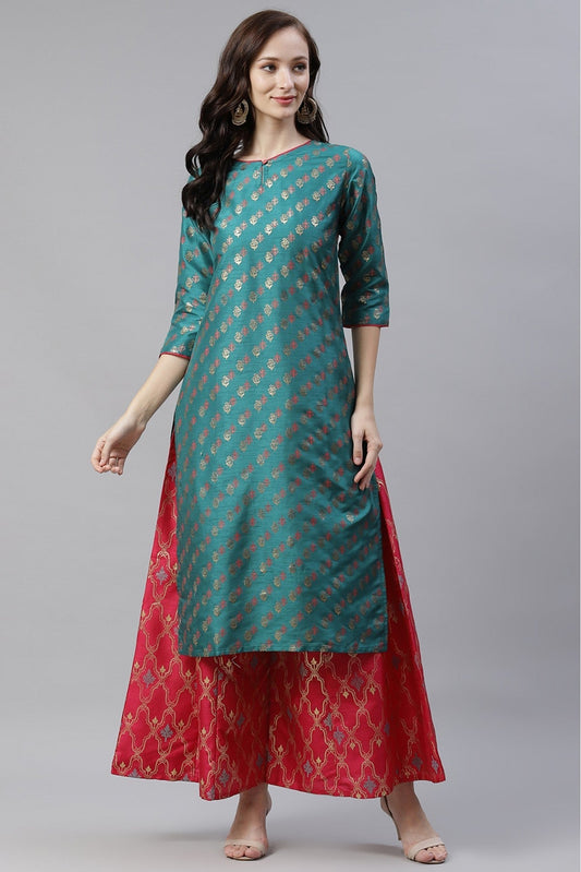 Green Colour Poly Silk Foil Print Kurti