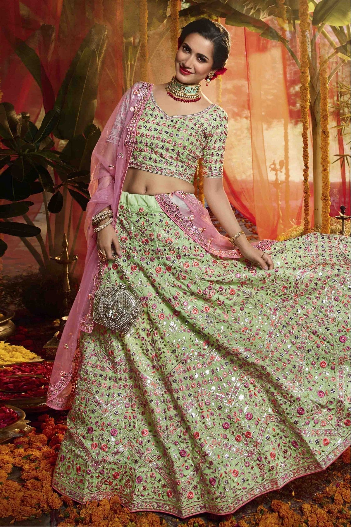 Green Colour Pure Organza Embroidery Lehenga Choli