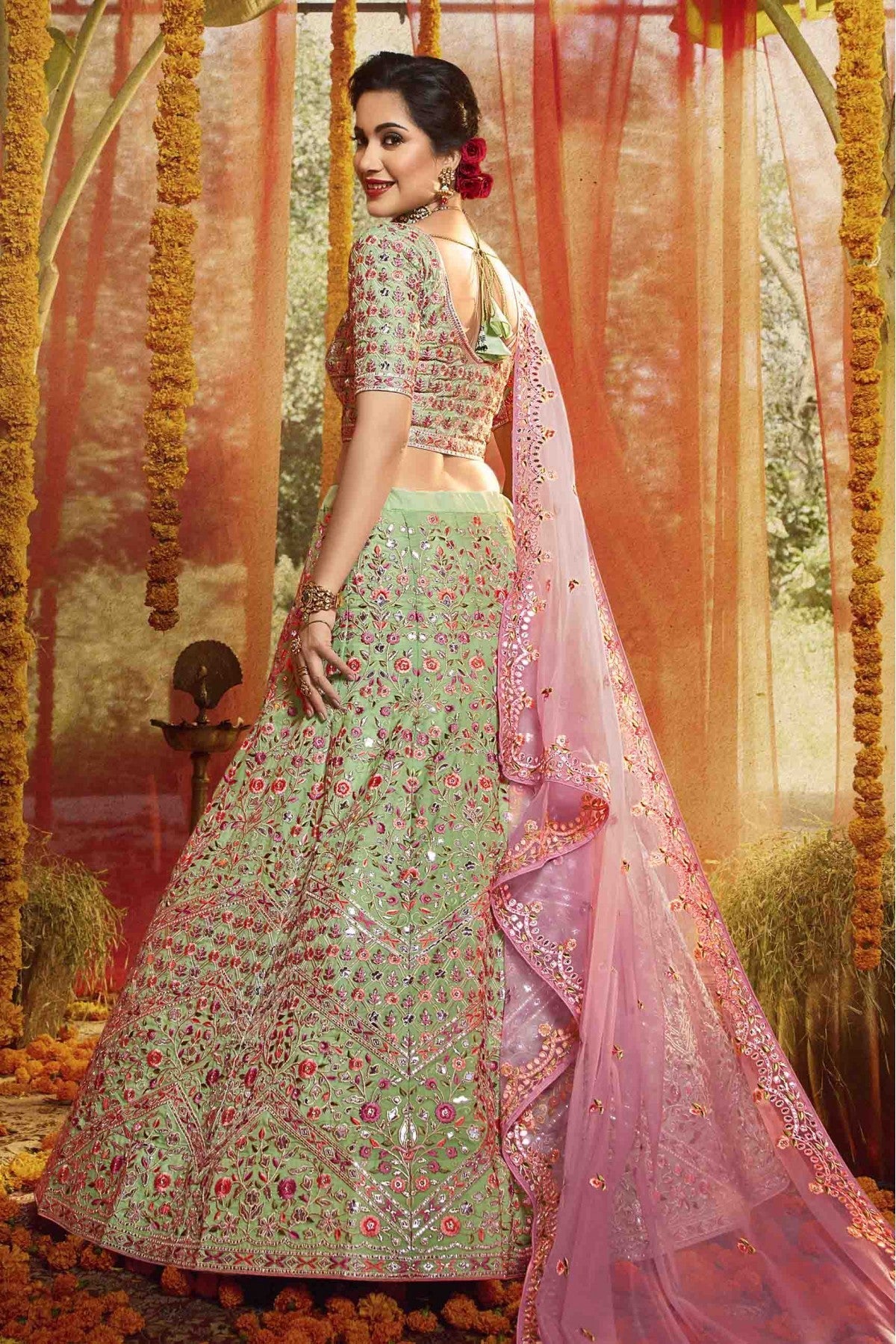 Green Colour Pure Organza Embroidery Lehenga Choli