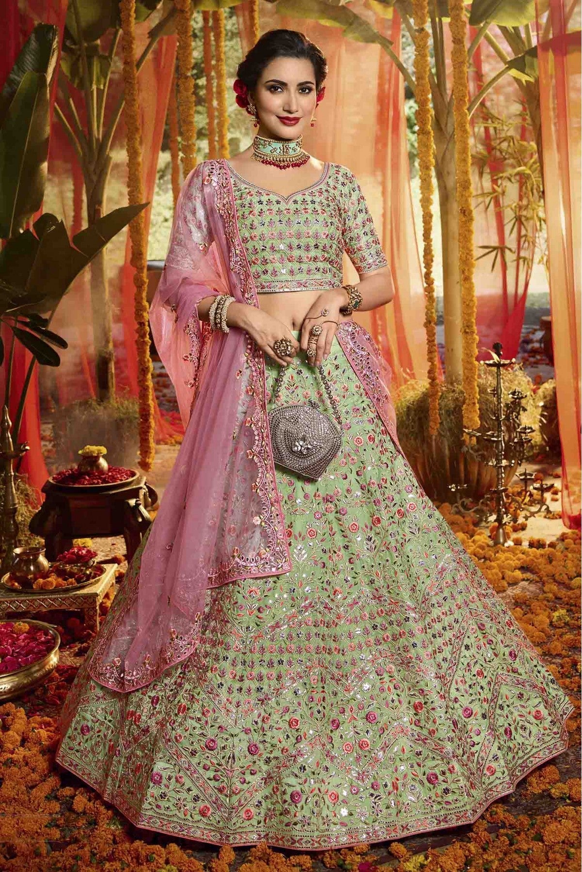 Green Colour Pure Organza Embroidery Lehenga Choli