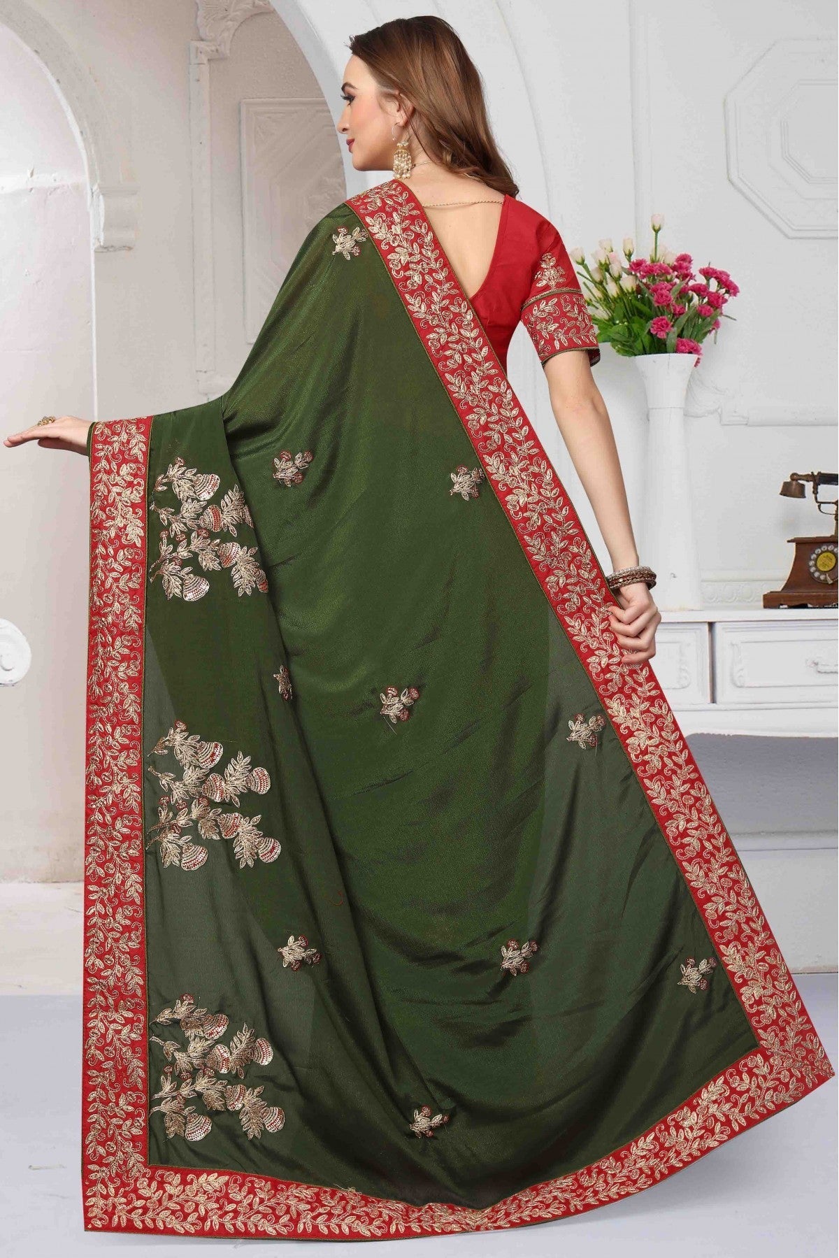 Green Colour Pure Satin Designer Saree