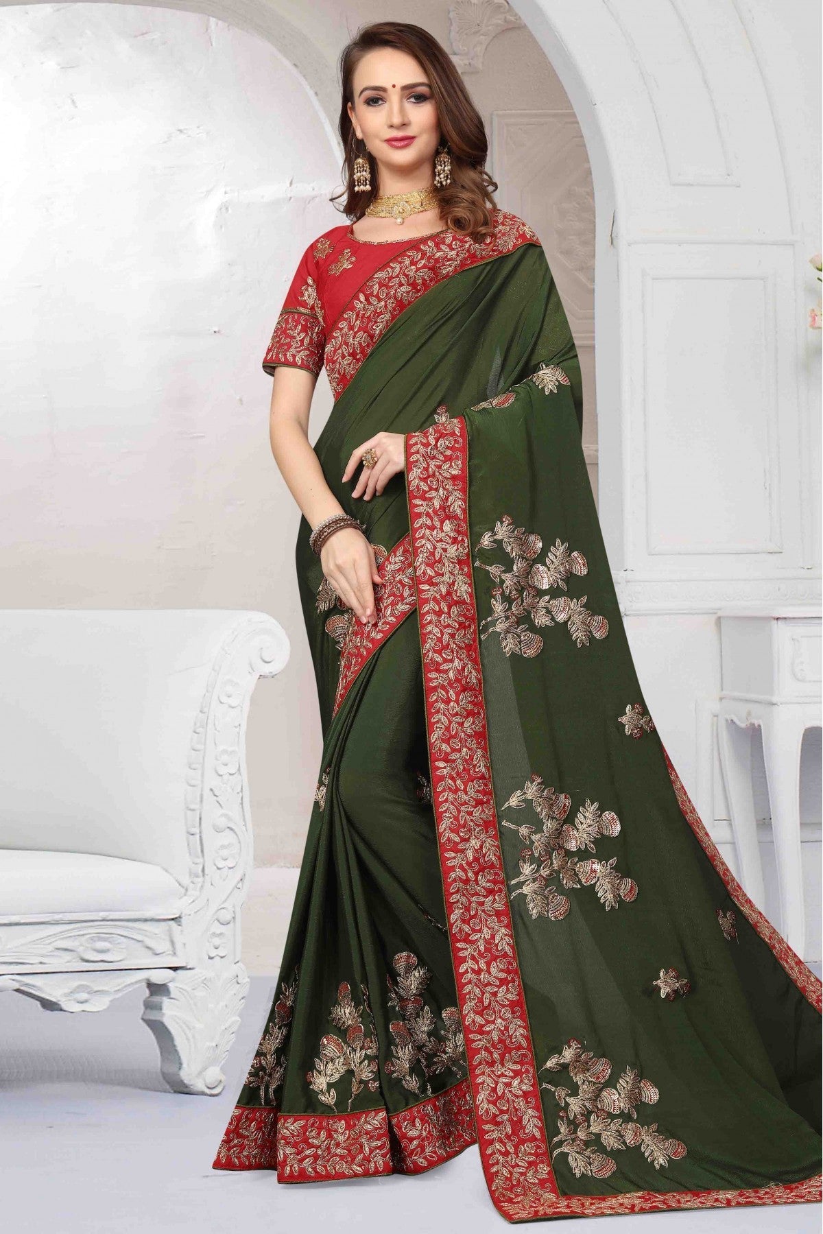 Green Colour Pure Satin Designer Saree