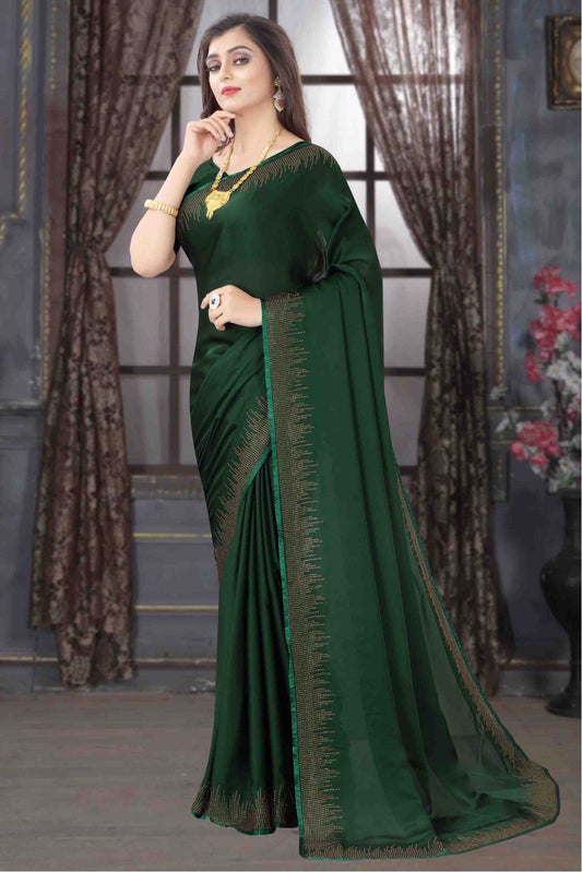 Green Colour Pure Satin Designer Saree