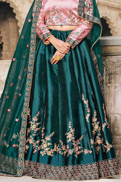 Green Colour Pure Satin Resham Work Lehenga Choli