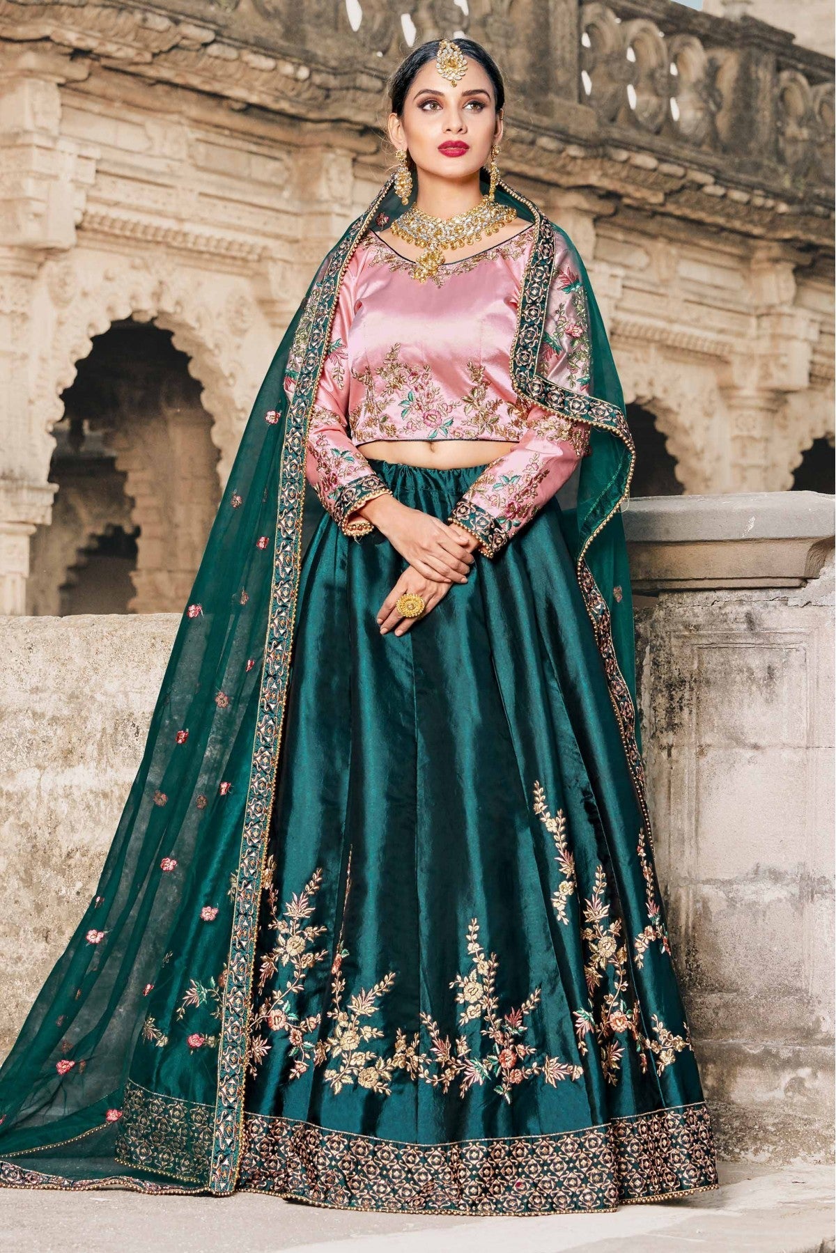 Green Colour Pure Satin Resham Work Lehenga Choli