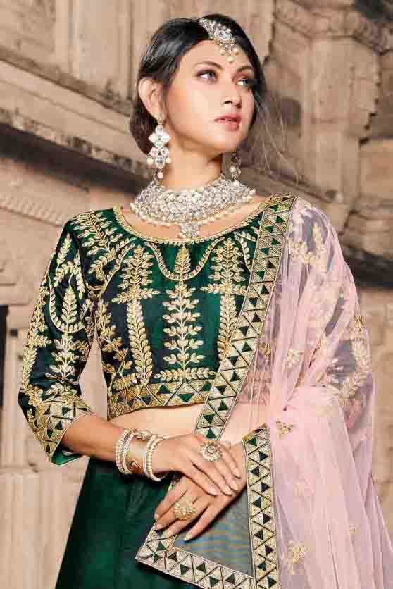 Green Colour Pure Taffeta Thread Work Lehenga Choli