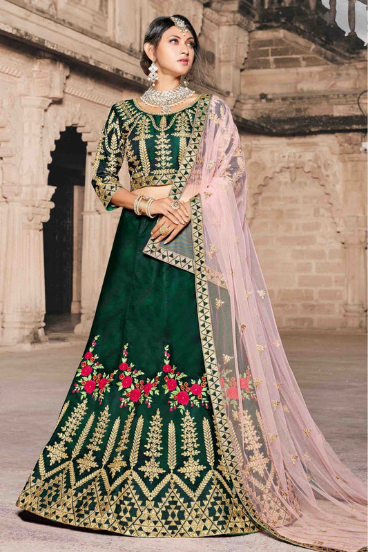 Green Colour Pure Taffeta Thread Work Lehenga Choli