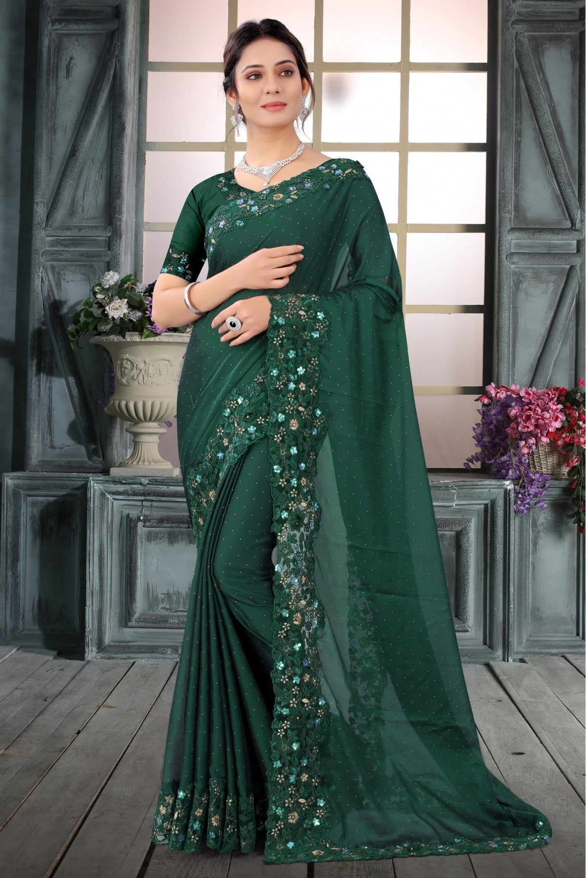 Green Colour Rangoli Silk Embroidery Saree