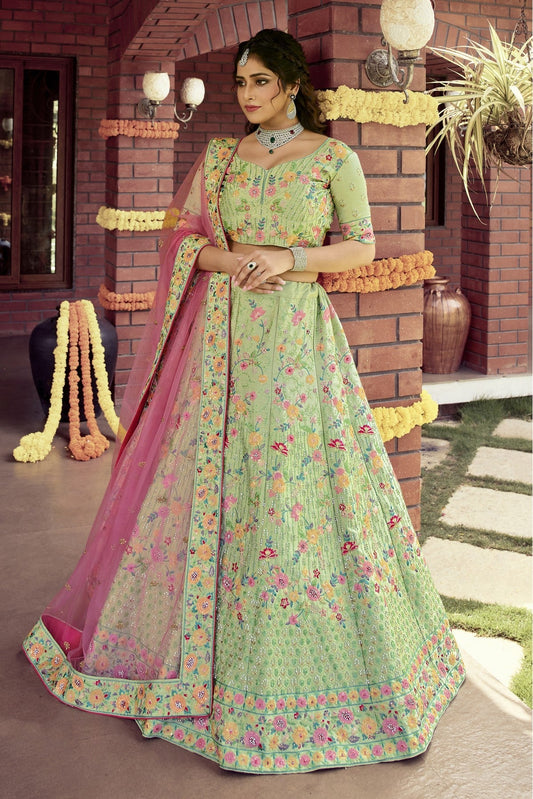 Green Colour Raw Silk Embroidery Bridal Lehenga Choli