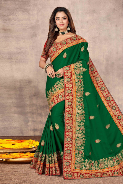 Green Colour Satin Designer Saree