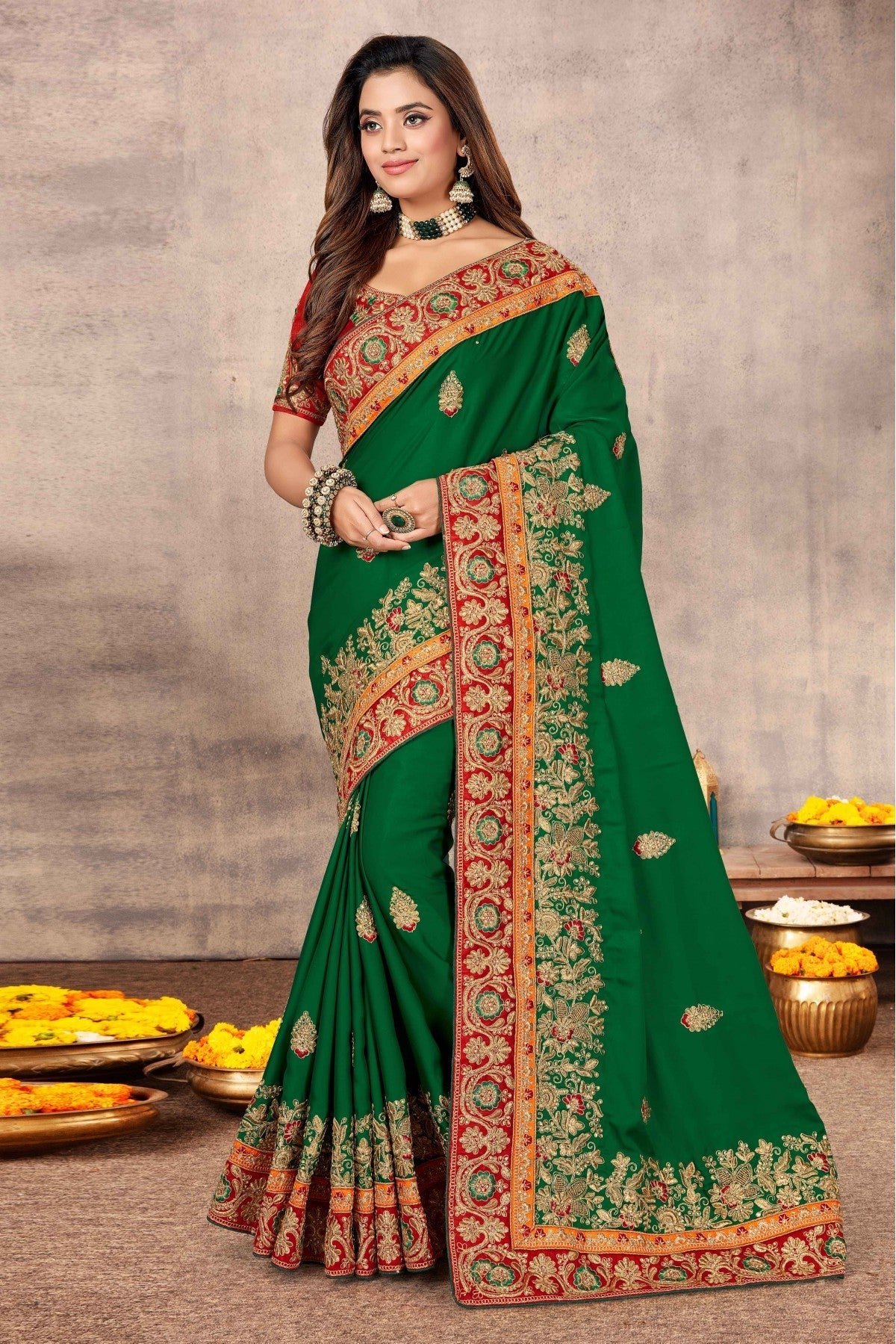 Green Colour Satin Designer Saree