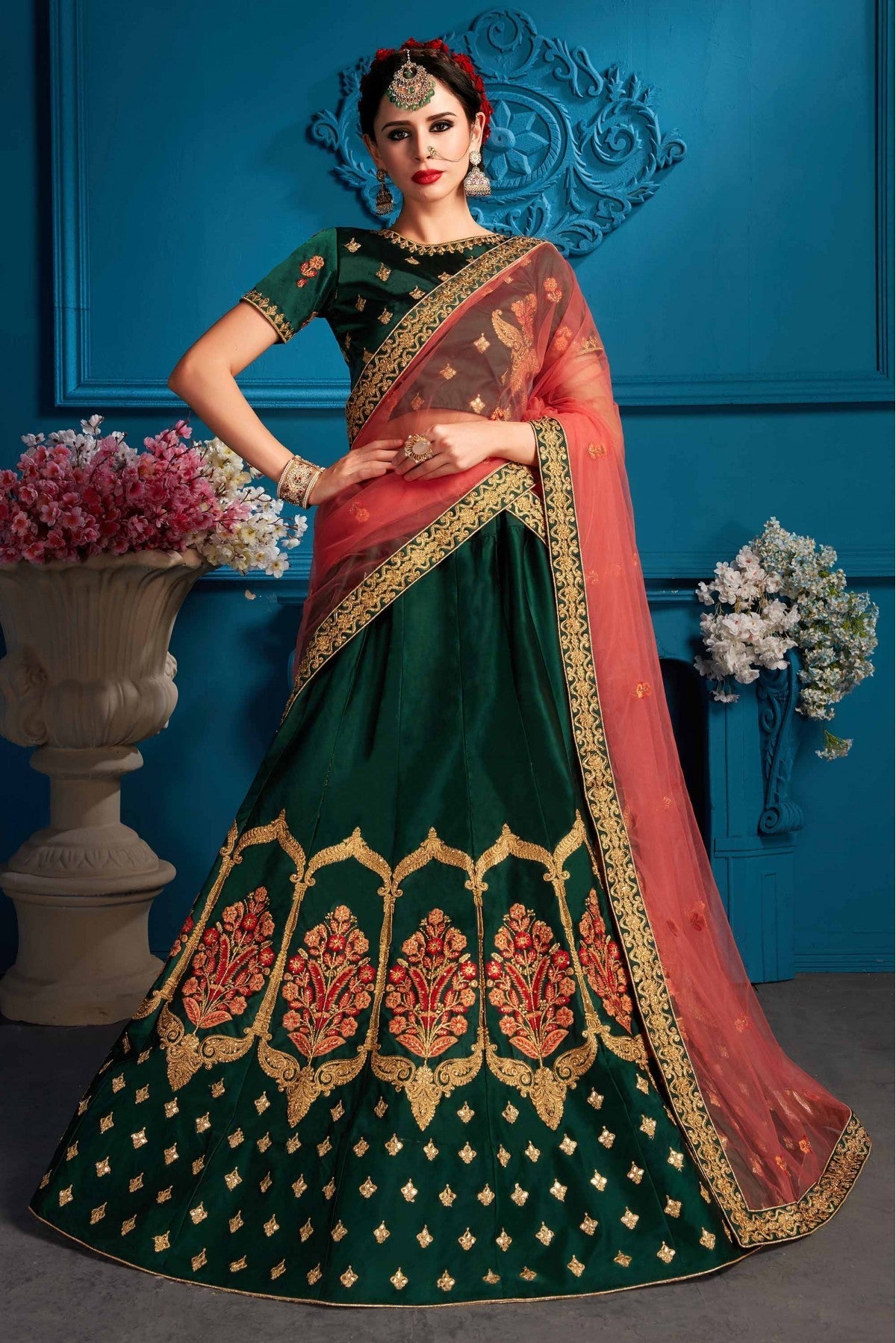 Green Colour Satin Embroidery Lehenga Choli