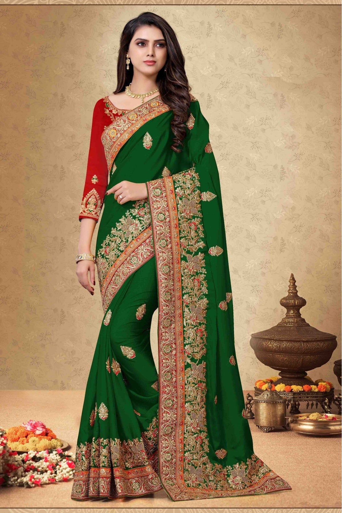 Green Colour Satin Georgette Embroidery Saree