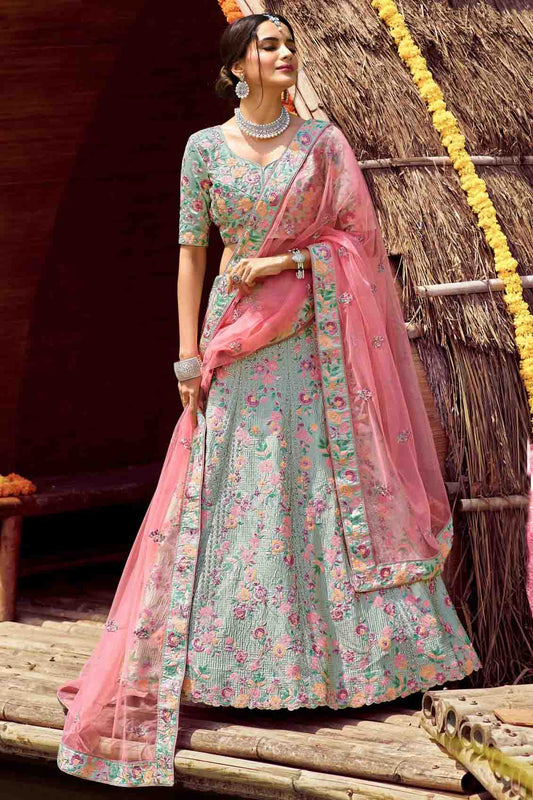 Green Colour Satin Resham Work Lehenga Choli