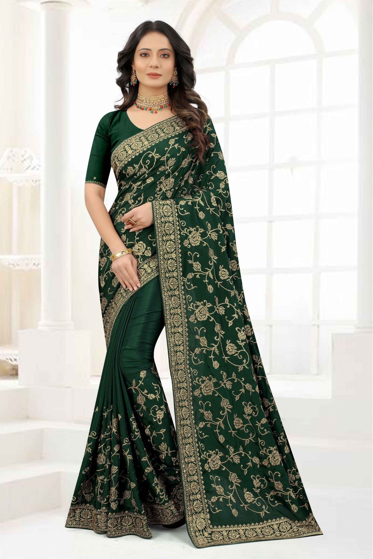 Green Colour Satin Silk Embroidery Saree