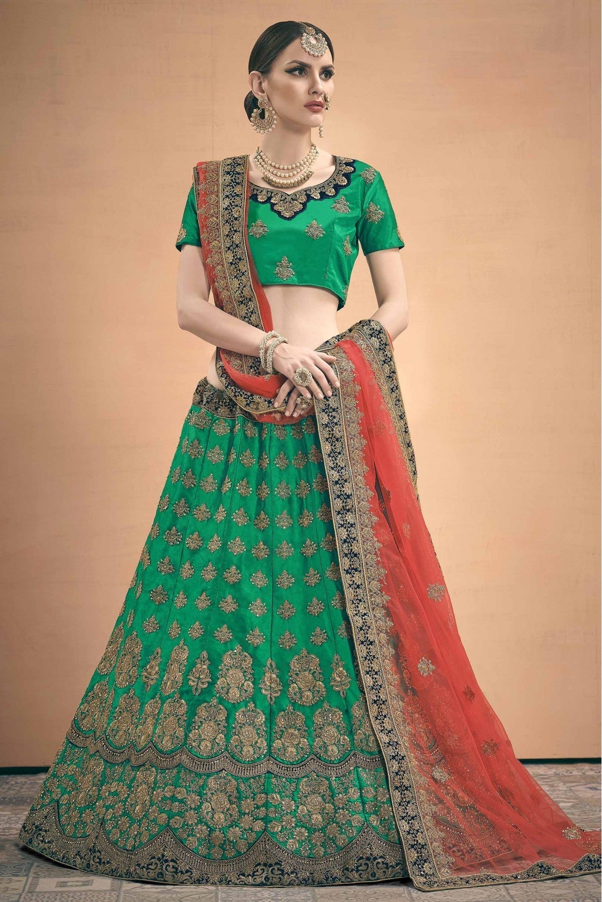 Green Colour Satin Stone Work Lehenga Choli