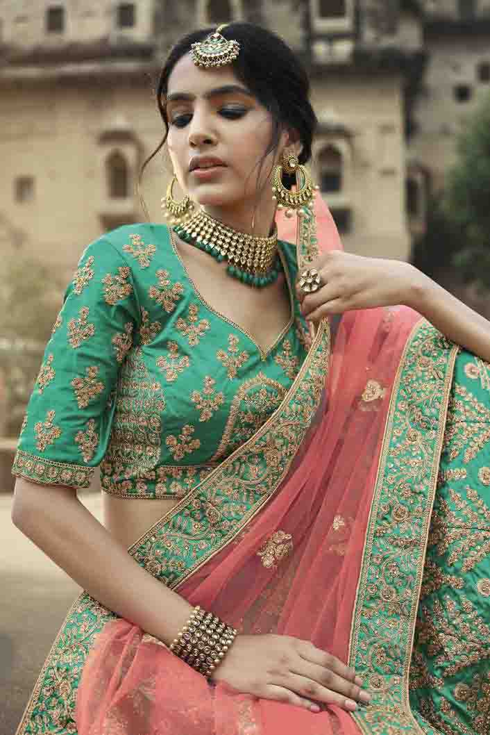 Green Colour Satin Thread Work Lehenga Choli