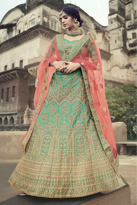 Green Colour Satin Thread Work Lehenga Choli