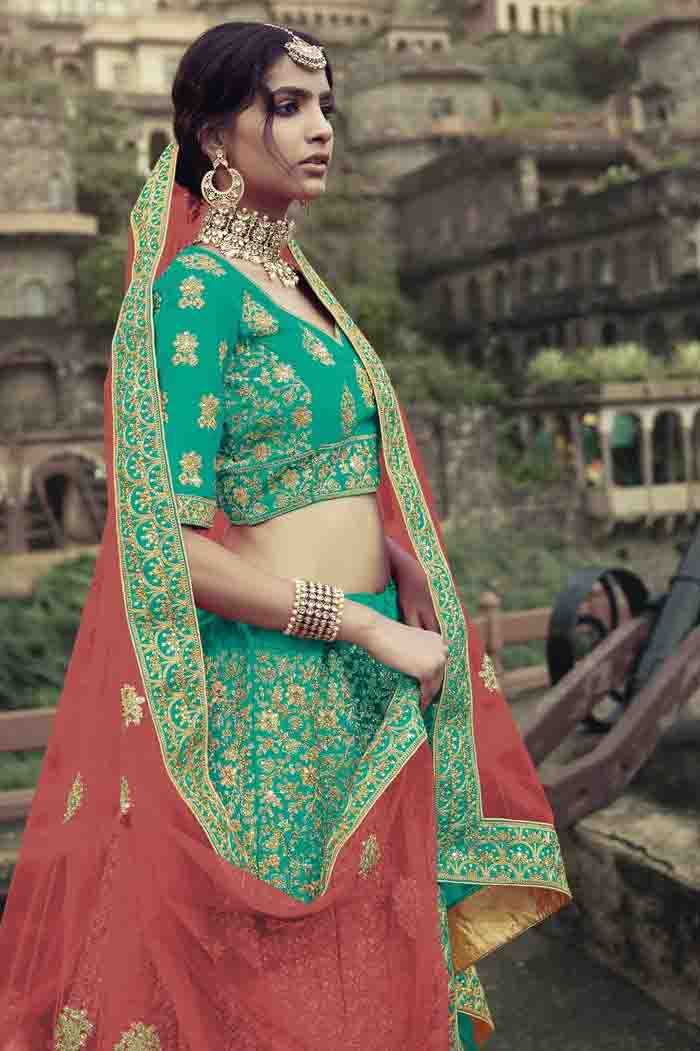 Green Colour Satin Thread Work Lehenga Choli