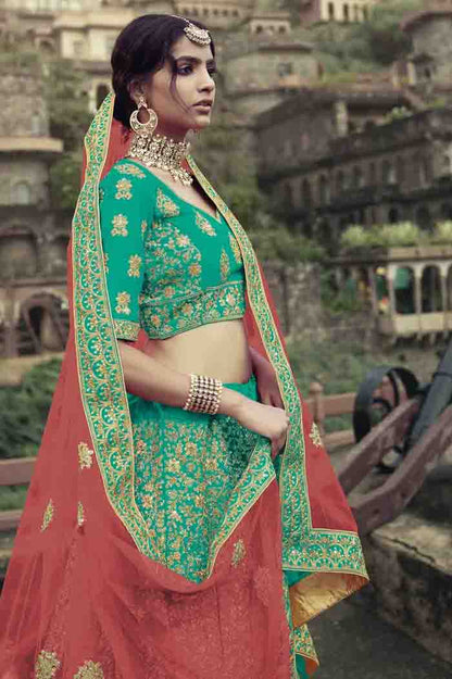 Green Colour Satin Thread Work Lehenga Choli