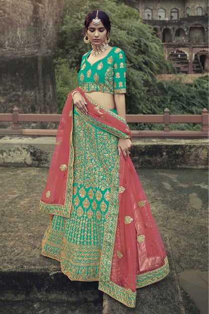 Green Colour Satin Thread Work Lehenga Choli